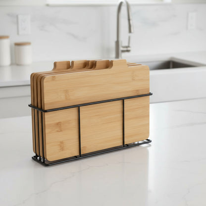 Inttox-4 Planches à découper en métal noir et bambou avec support