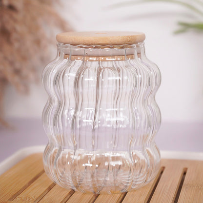 Inttox-☕ Tasse à Café  Verre Borosilicate Rayé avec Couvercle Bambou & Paille (Lot de 6)