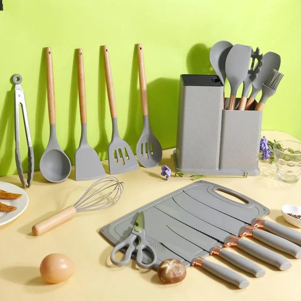 Inttox-Ensemble d'Ustensiles de Cuisine en Silicone avec Manche en Bois-18 piece - Inttox