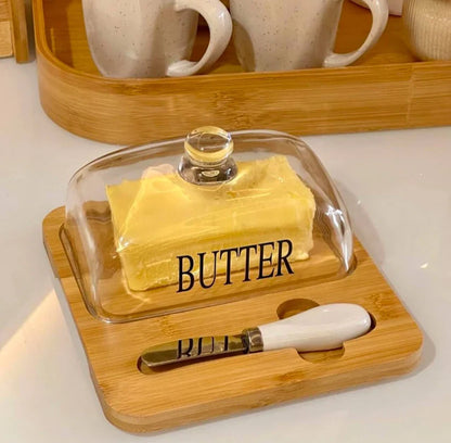 Inttox-🧈 Beurrier Chic – Couvercle en Verre & Plateau en Bambou Naturel 🌿