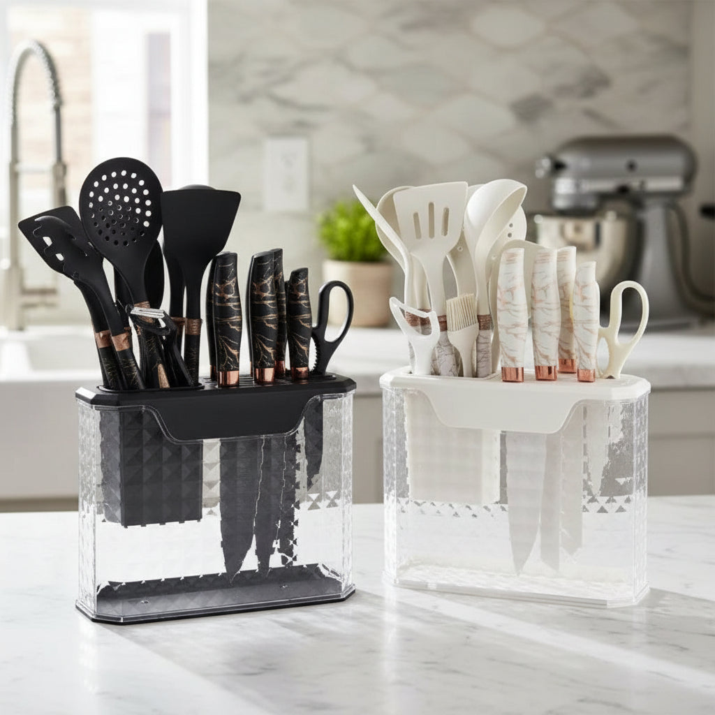 Inttox-Ensemble d’Ustensiles de Cuisine Inttox – 16 Pièces Marbre & Or